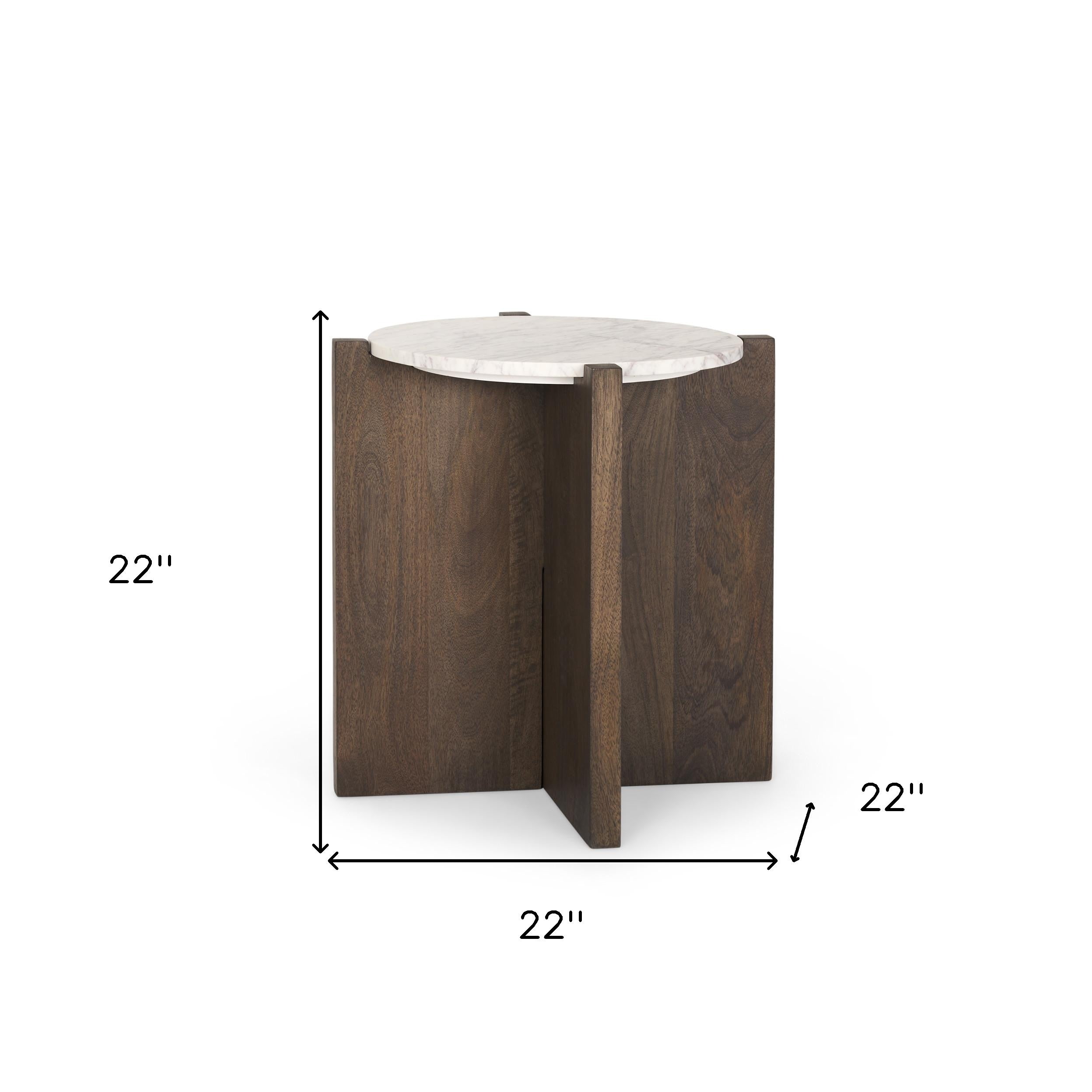 22" White and Brown Stone and Wood Tray Table
