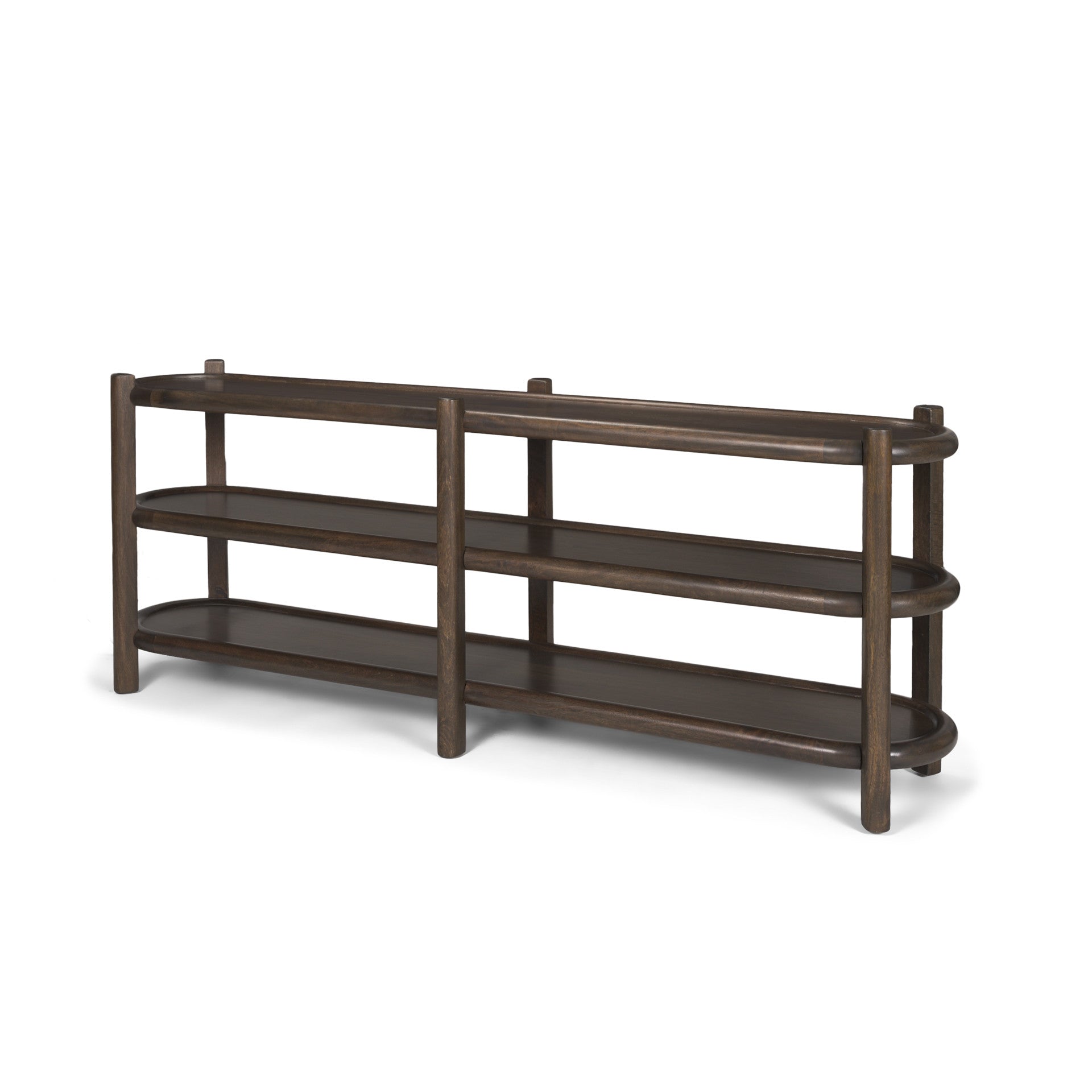 80" Dark Brown Solid Wood Oval Six Leg Console Table With Two Shelves