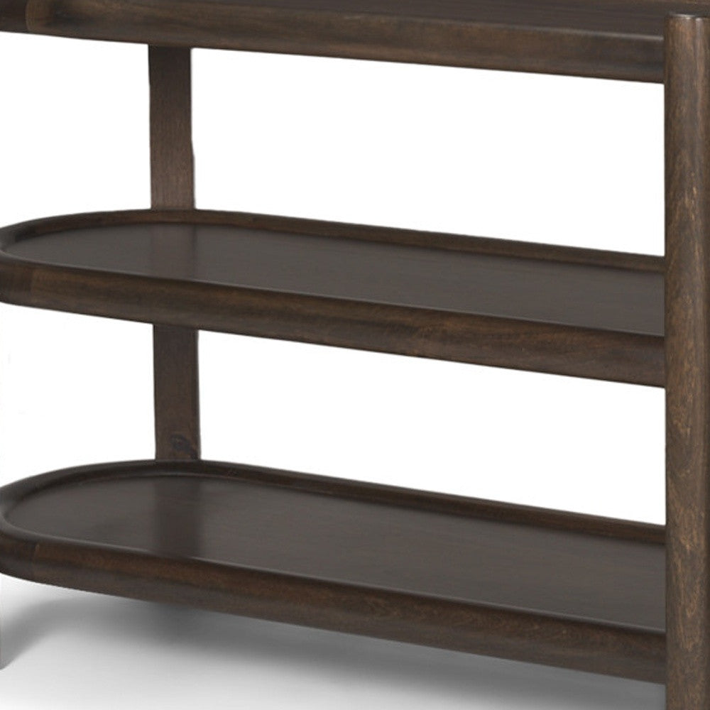 80" Dark Brown Solid Wood Oval Six Leg Console Table With Two Shelves