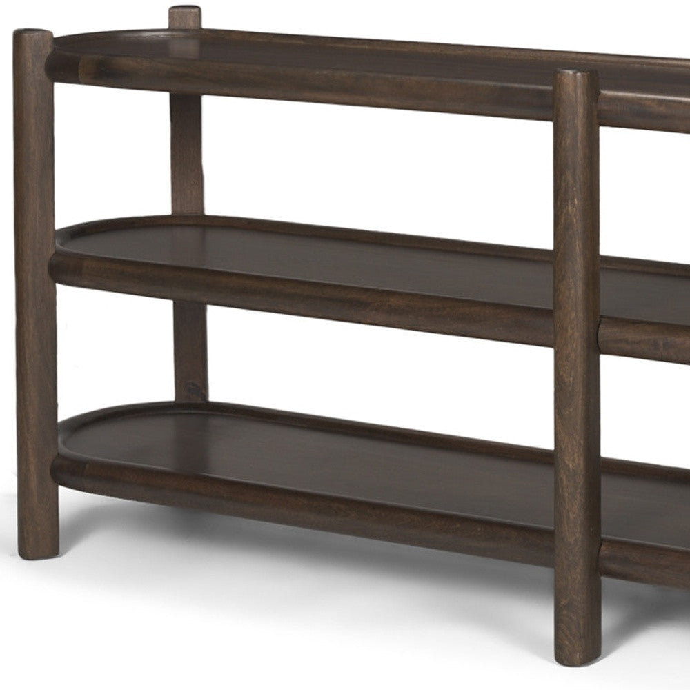 80" Dark Brown Solid Wood Oval Six Leg Console Table With Two Shelves