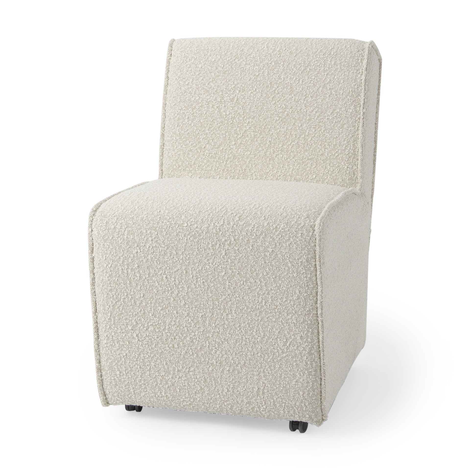 Set of Two Cream Boucle Swivel Dining Side Chairs With Wheels