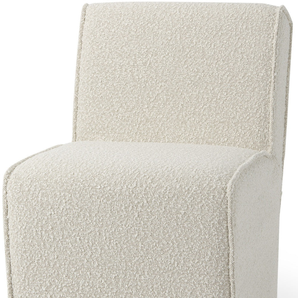 Set of Two Cream Boucle Swivel Dining Side Chairs With Wheels