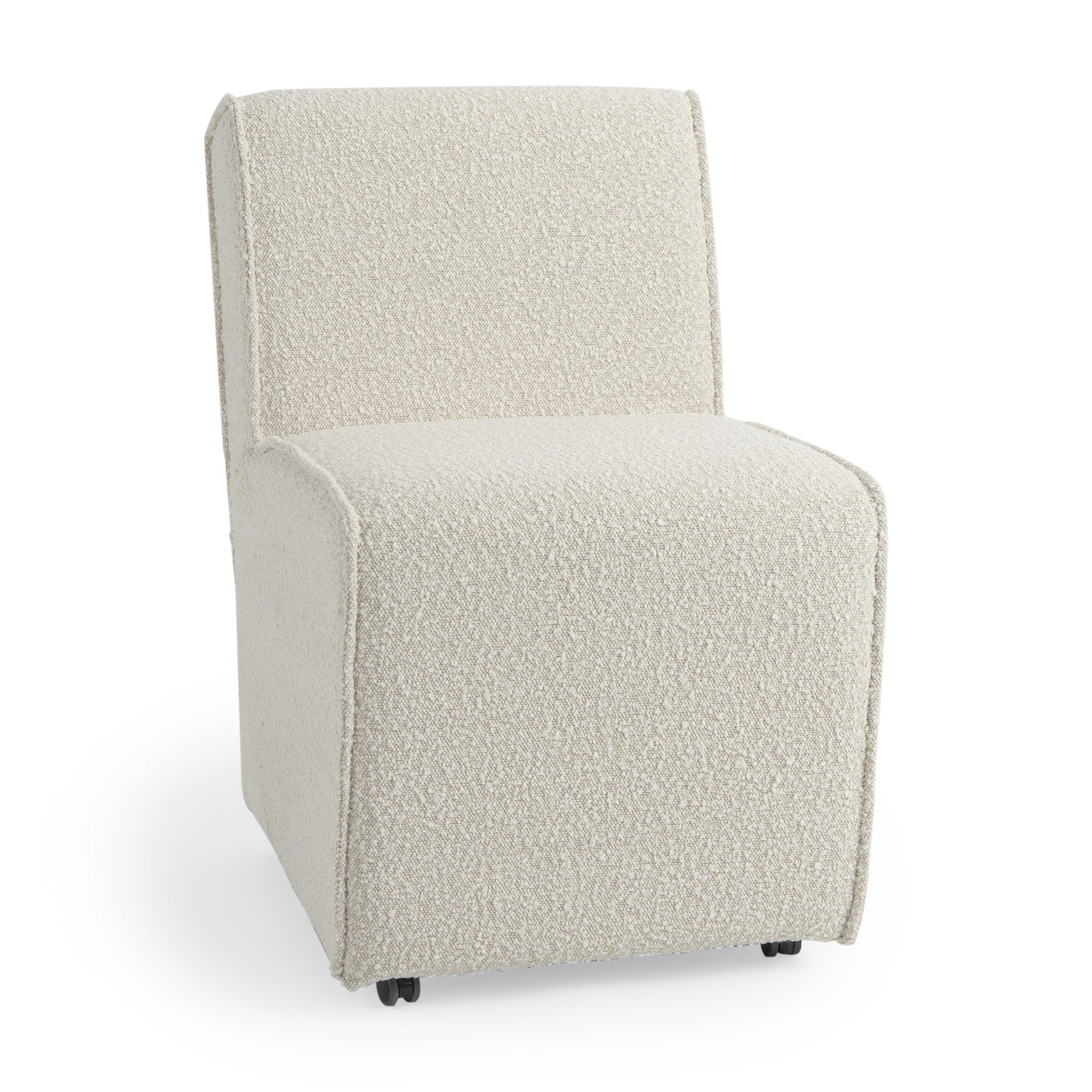 Set of Two Cream Boucle Swivel Dining Side Chairs With Wheels