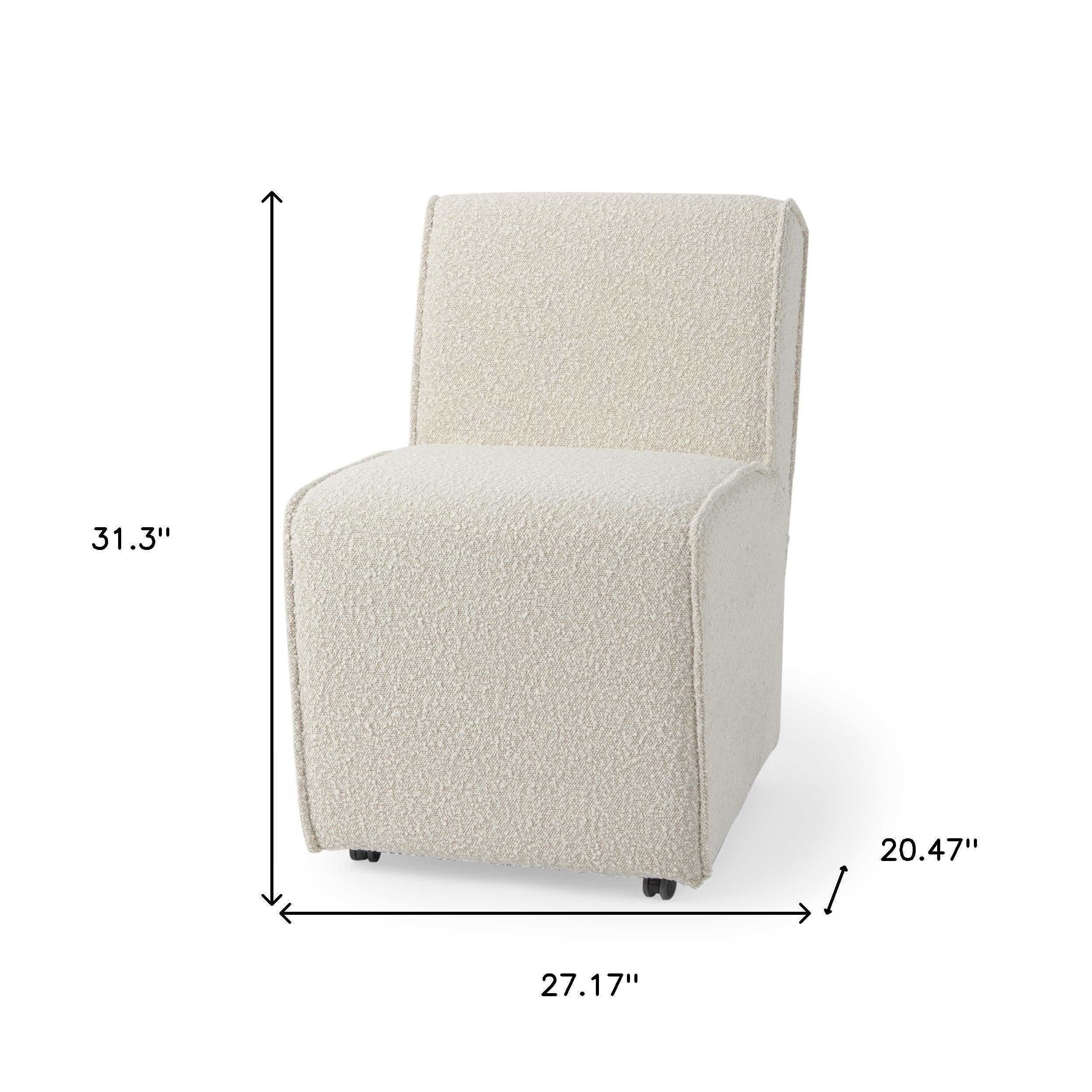 Set of Two Cream Boucle Swivel Dining Side Chairs With Wheels