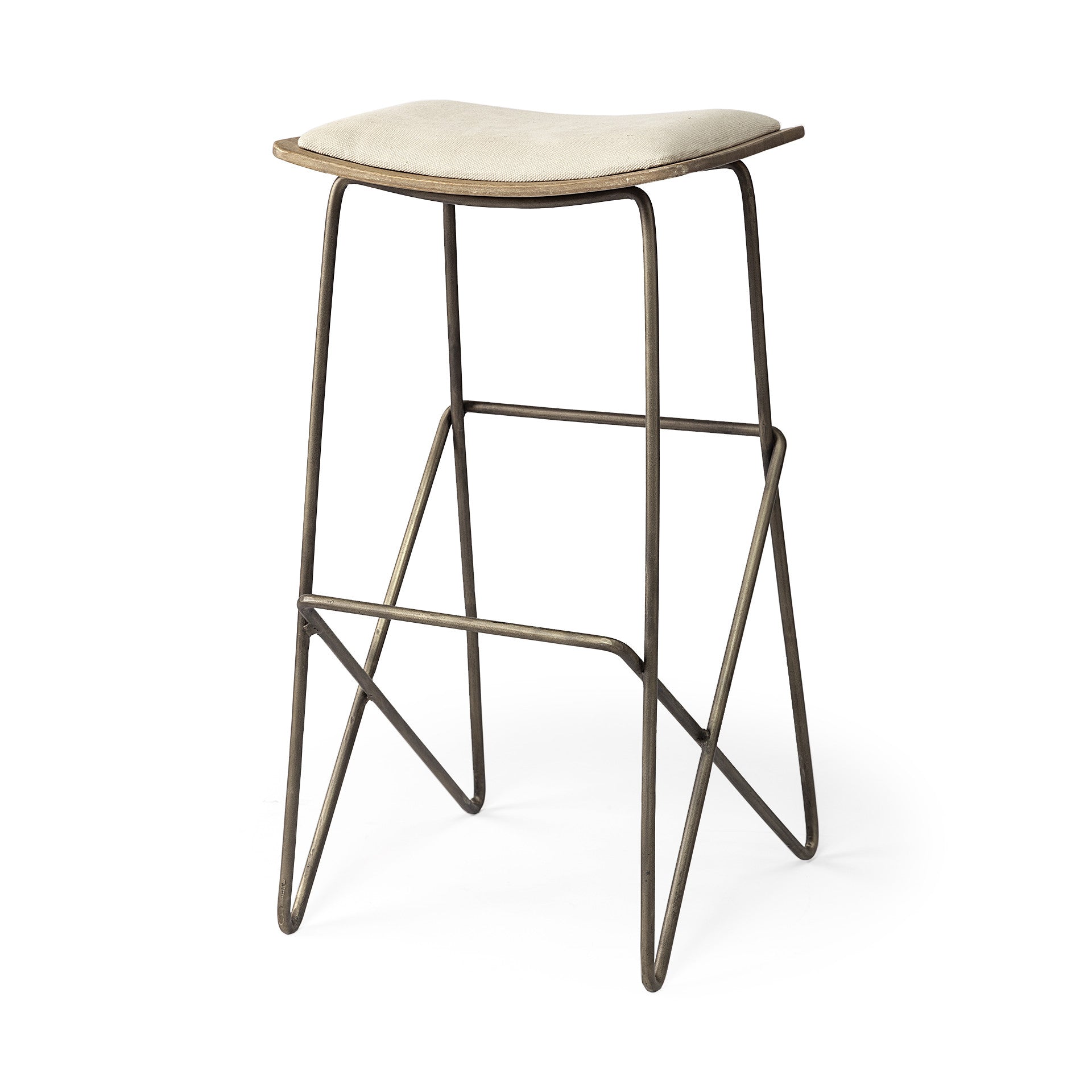 30" Cream and Gold Iron and Fabric Backless Bar Height Bar Chair