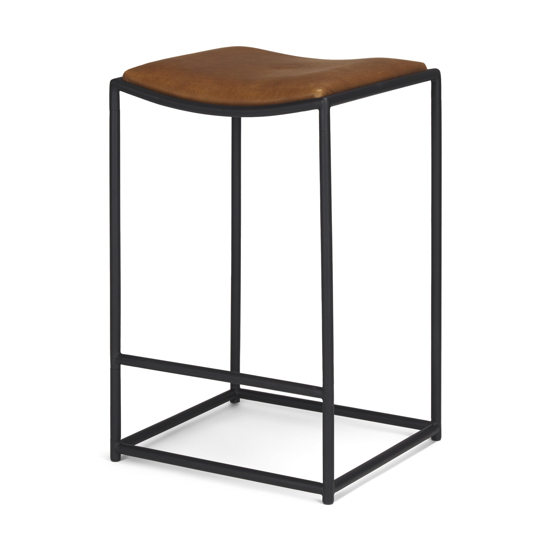 Brown and Black Genuine Leather and Iron Backless Counter Height Bar Chair