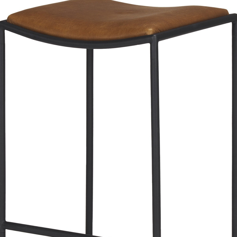 Brown and Black Genuine Leather and Iron Backless Counter Height Bar Chair