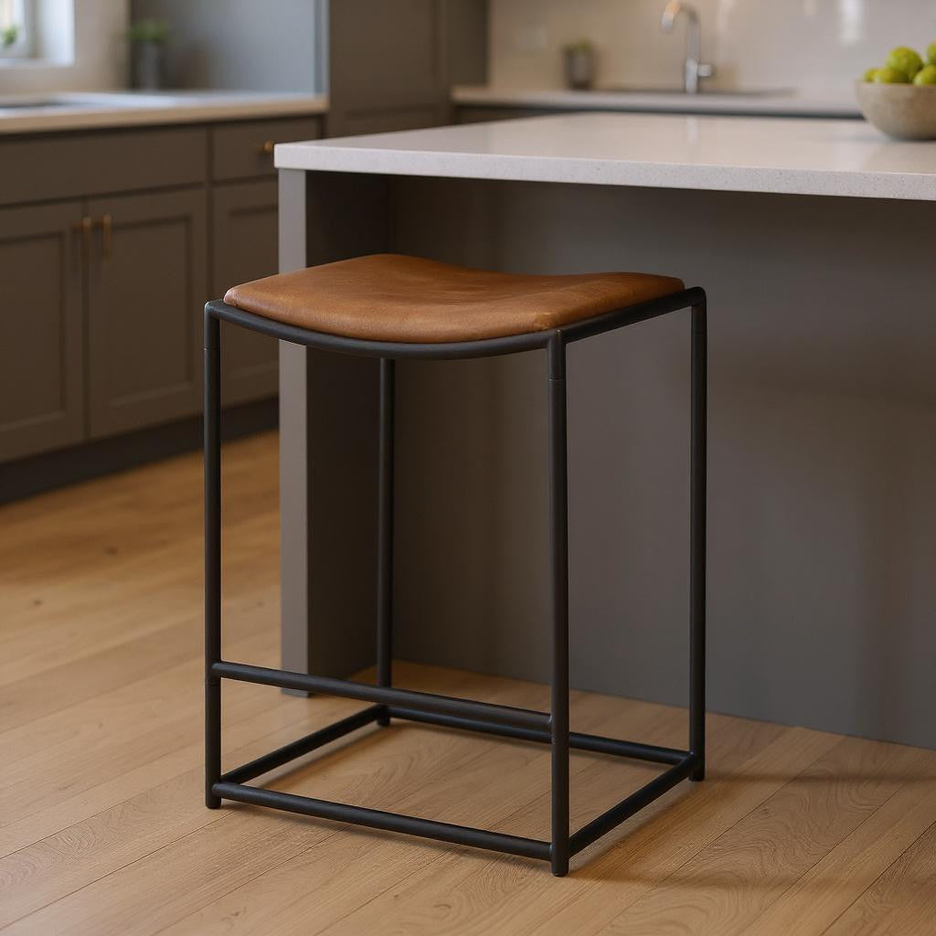 Brown and Black Genuine Leather and Iron Backless Counter Height Bar Chair