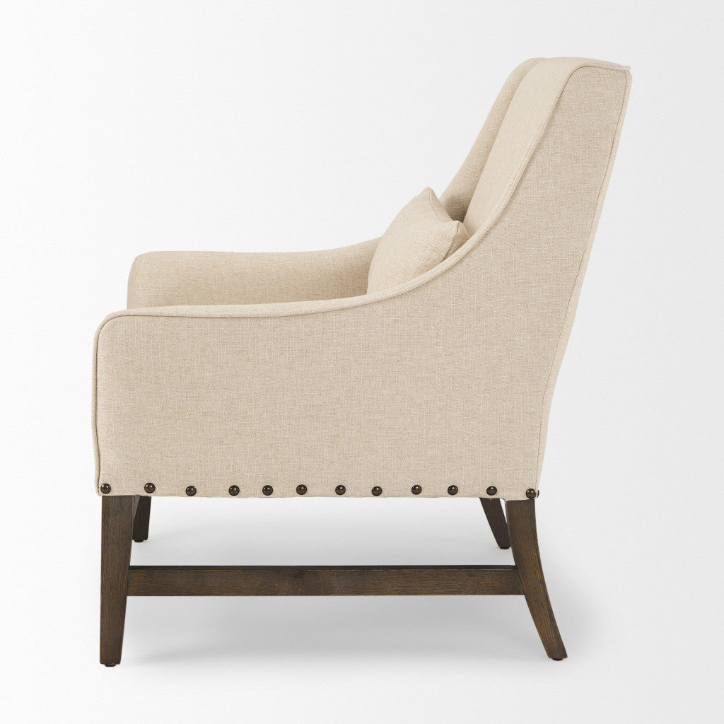 30" Cream and Brown Linen and Solid Wood Arm Chair
