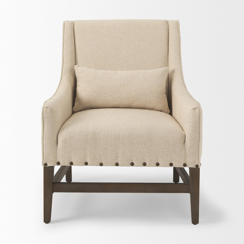 30" Cream and Brown Linen and Solid Wood Arm Chair