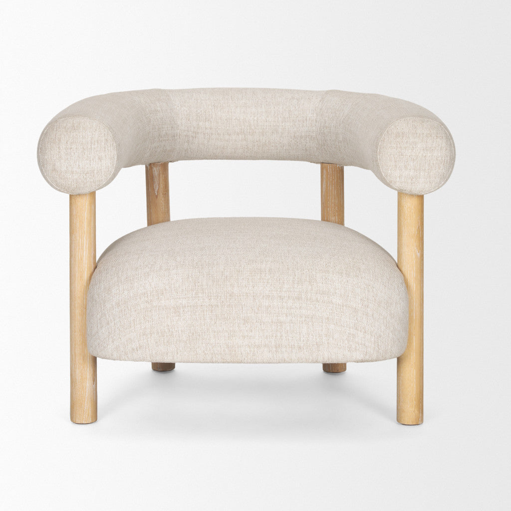 31" Cream and Natural Linen and Solid Wood Barrel Chair