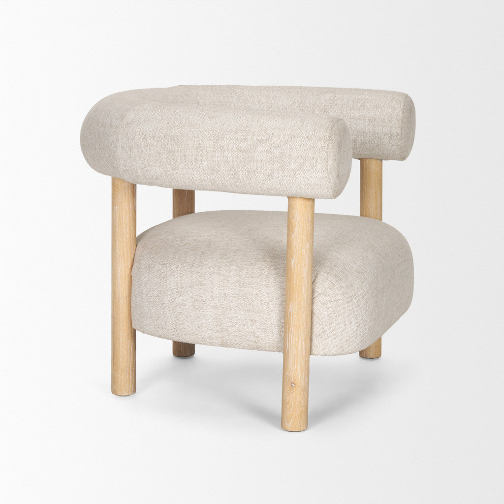31" Cream and Natural Linen and Solid Wood Barrel Chair