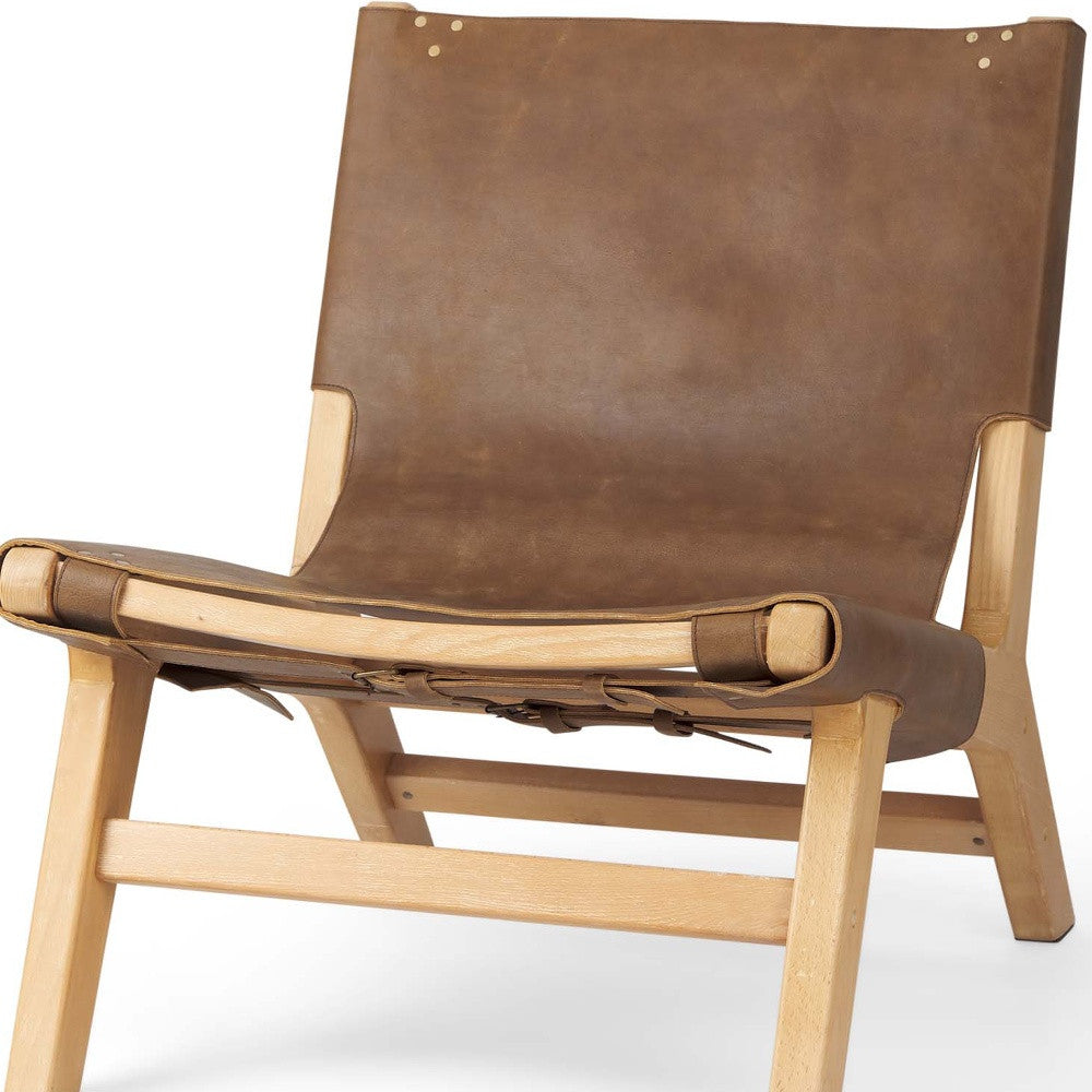 32" Brown and Natural Genuine Leather and Solid Wood Slipper Chair