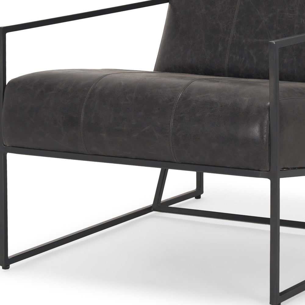 37" Black Genuine Leather and Metal Lounge Chair