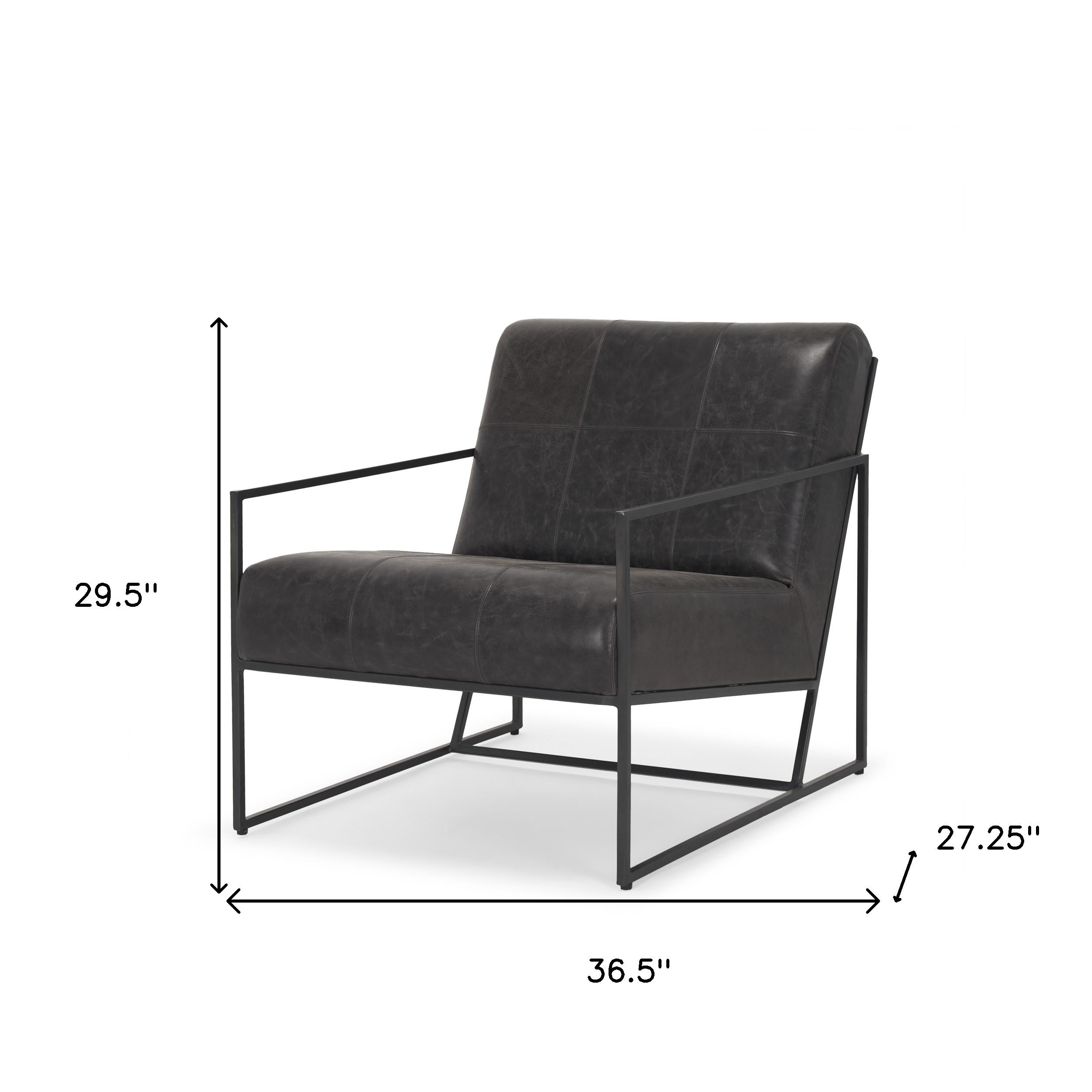 37" Black Genuine Leather and Metal Lounge Chair
