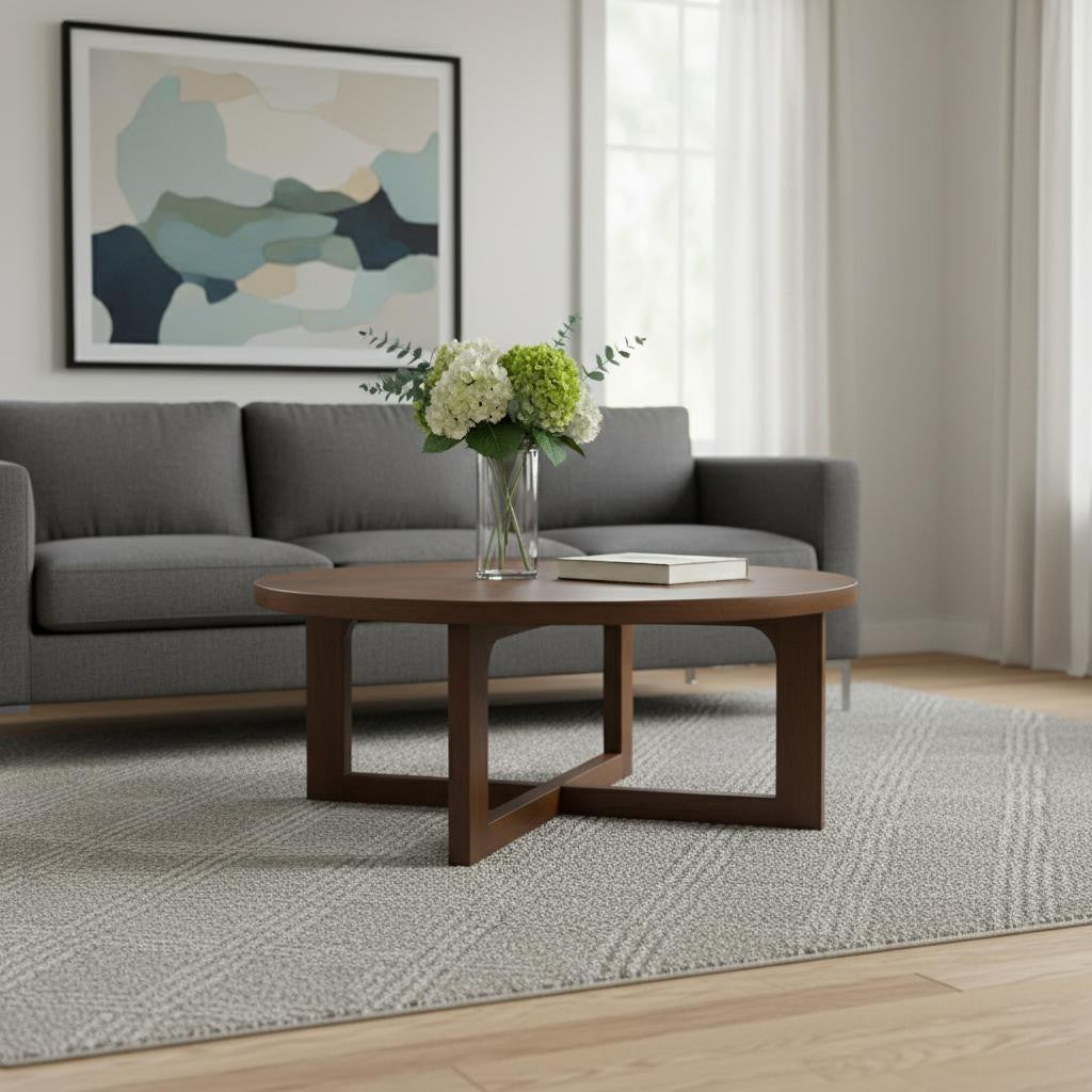 36" Brown Solid Wood Round Cross Legs Coffee Table