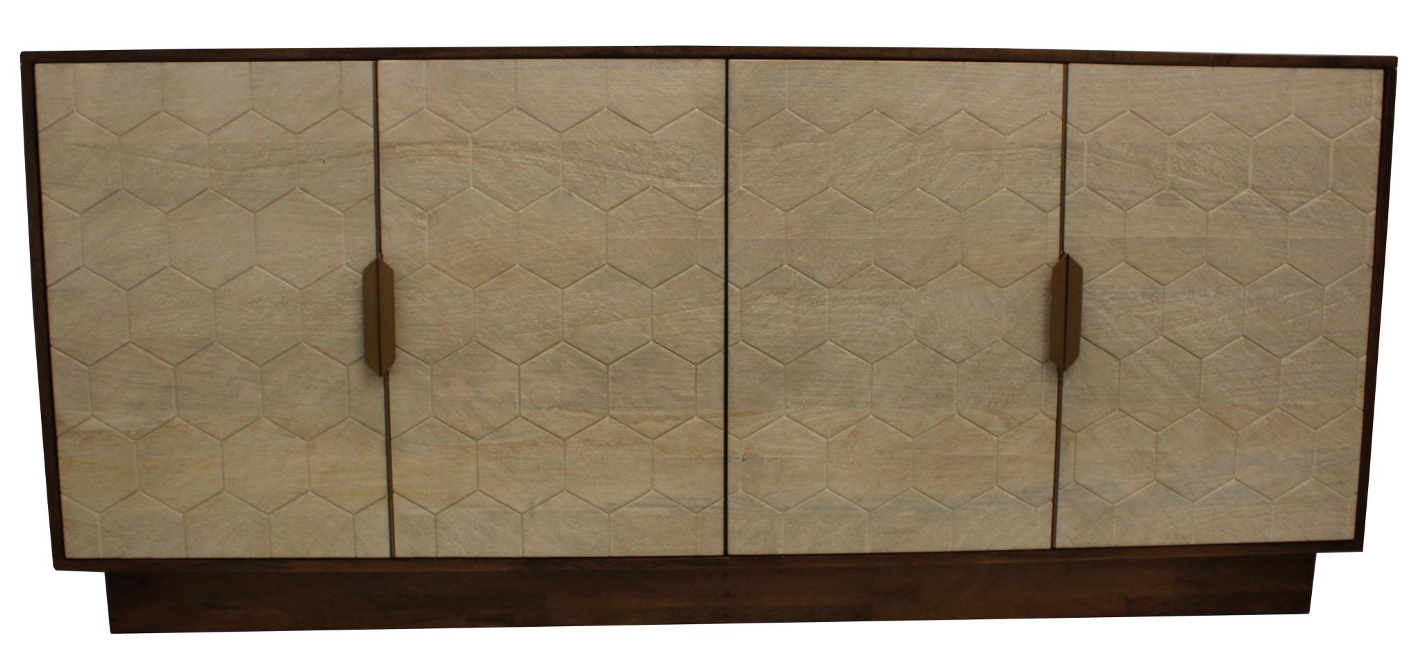 72" Brown And Ivory Distressed Solid Wood Carved Geometric Sideboard with Four Doors