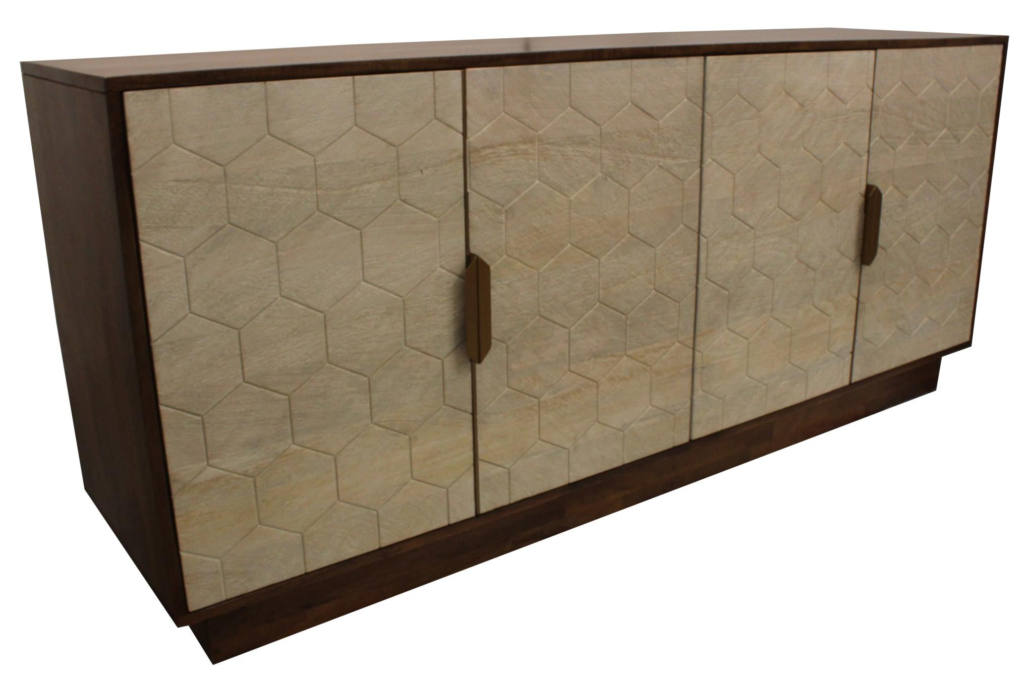 72" Brown And Ivory Distressed Solid Wood Carved Geometric Sideboard with Four Doors