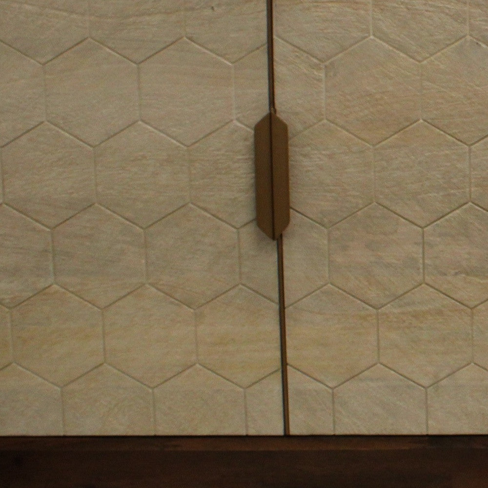 72" Brown And Ivory Distressed Solid Wood Carved Geometric Sideboard with Four Doors