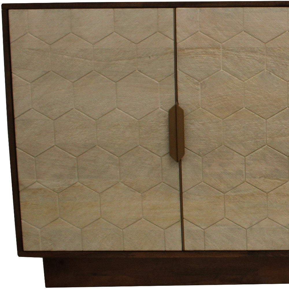 72" Brown And Ivory Distressed Solid Wood Carved Geometric Sideboard with Four Doors