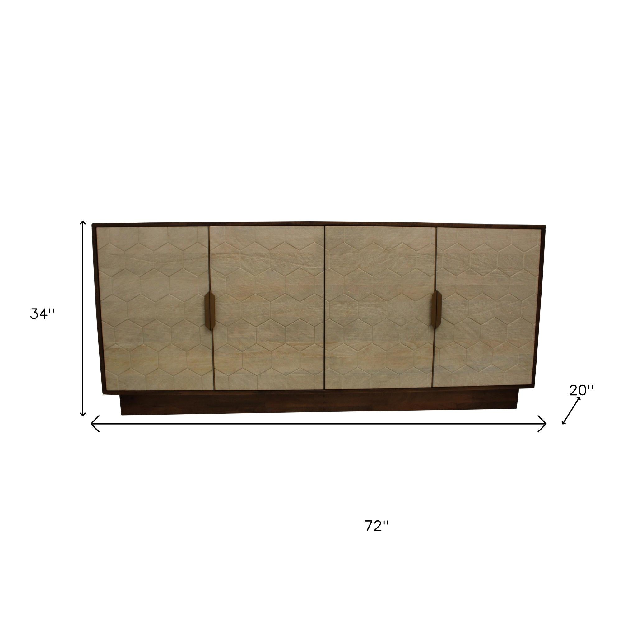 72" Brown And Ivory Distressed Solid Wood Carved Geometric Sideboard with Four Doors