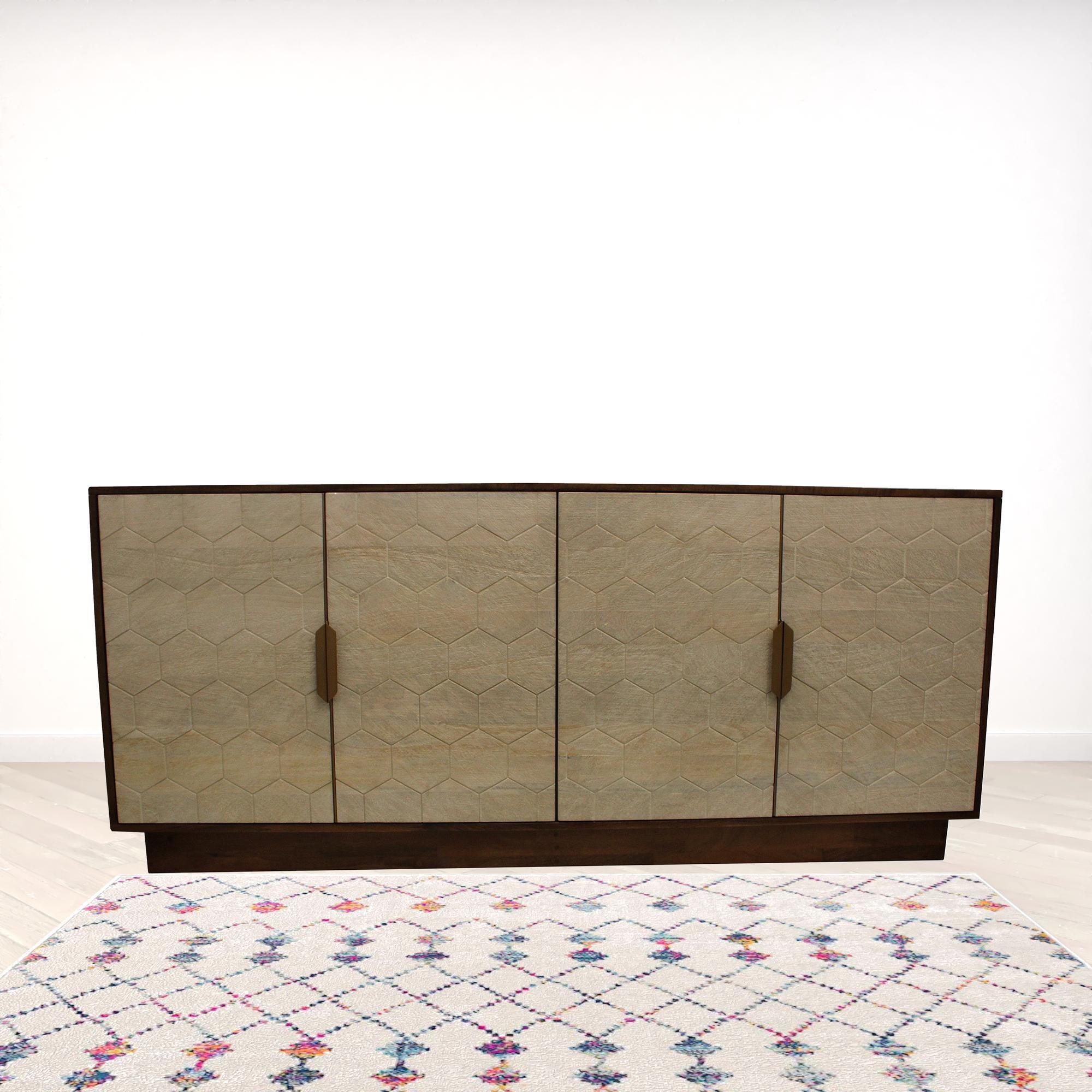 72" Brown And Ivory Distressed Solid Wood Carved Geometric Sideboard with Four Doors