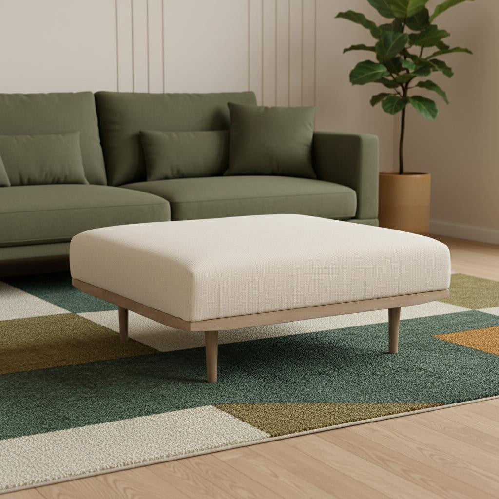 37" Beige and Brown Solid Wood and Fabric Ottoman
