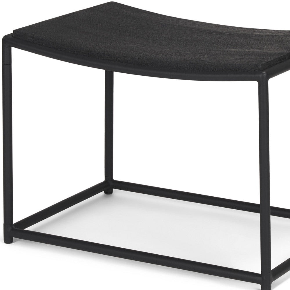 23" Black Solid Wood and Metal Footstool