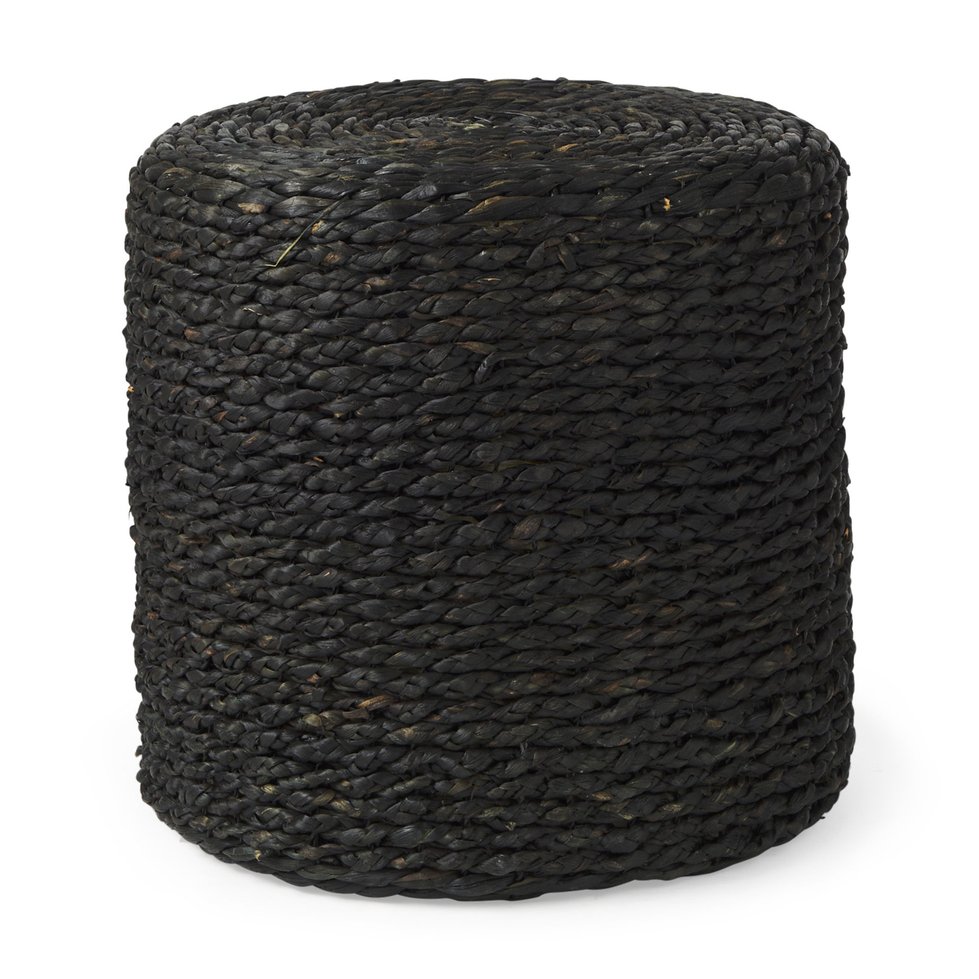 18" Black Water Hyacinth Round Pouf Ottoman