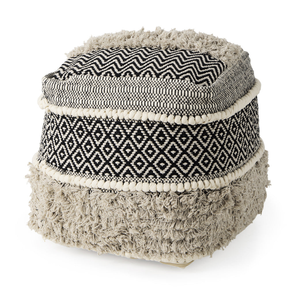 16" Black Gray and White Cotton Geometric Pouf Ottoman
