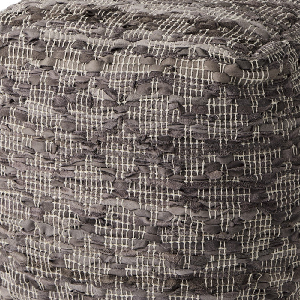 16" Brown and Gray Cotton And Leather Geometric Cube Pouf Ottoman