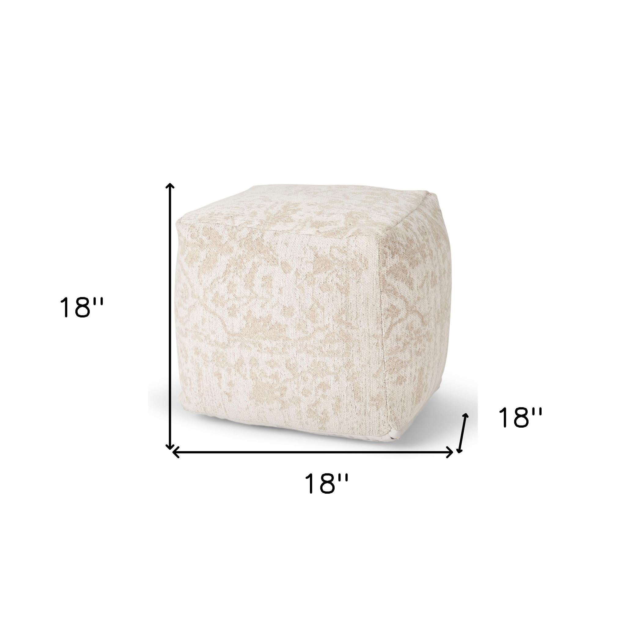 18" Cream and Beige Fabric Damask Pouf Ottoman