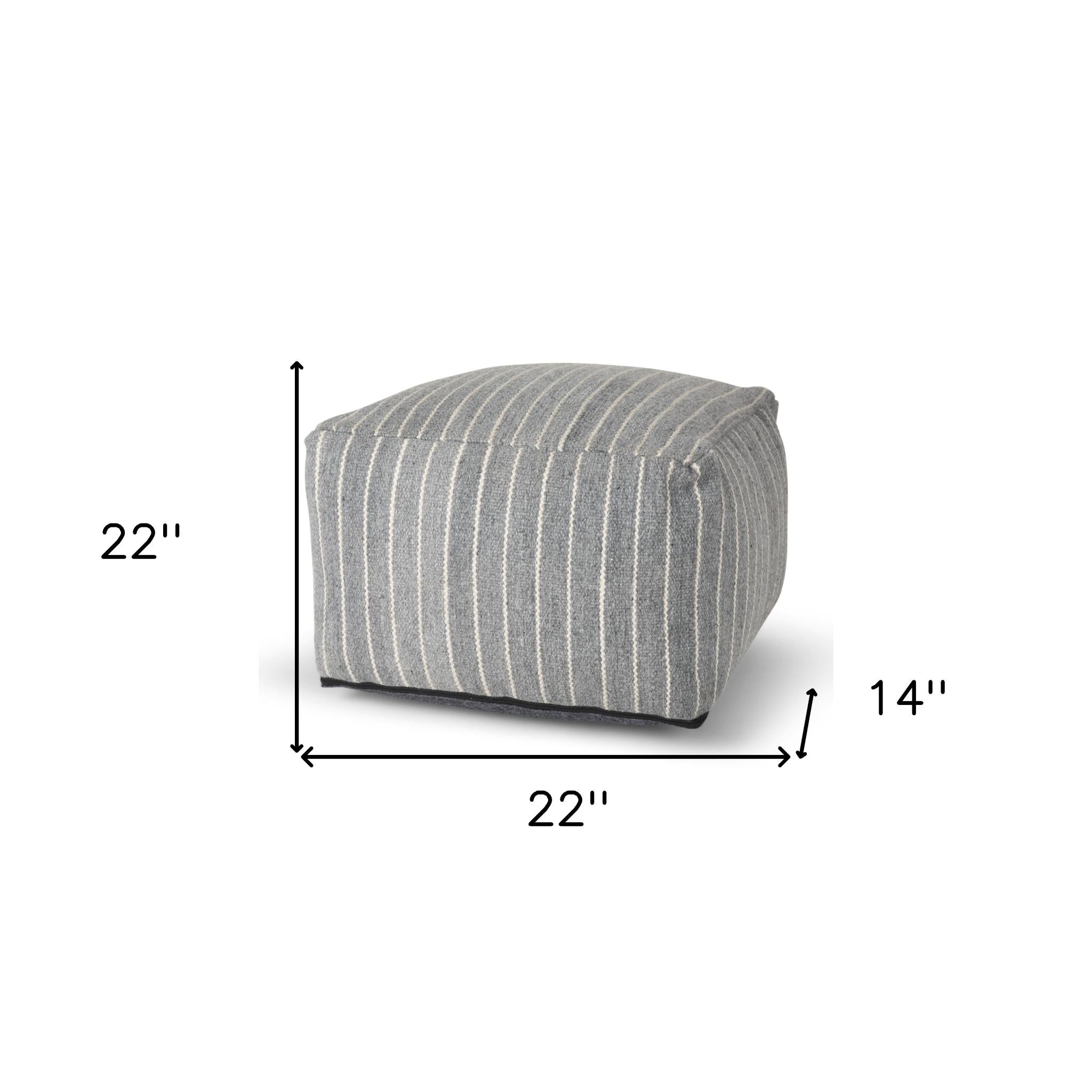 22" Blue and White Textural Stripe Cube Pouf Ottoman