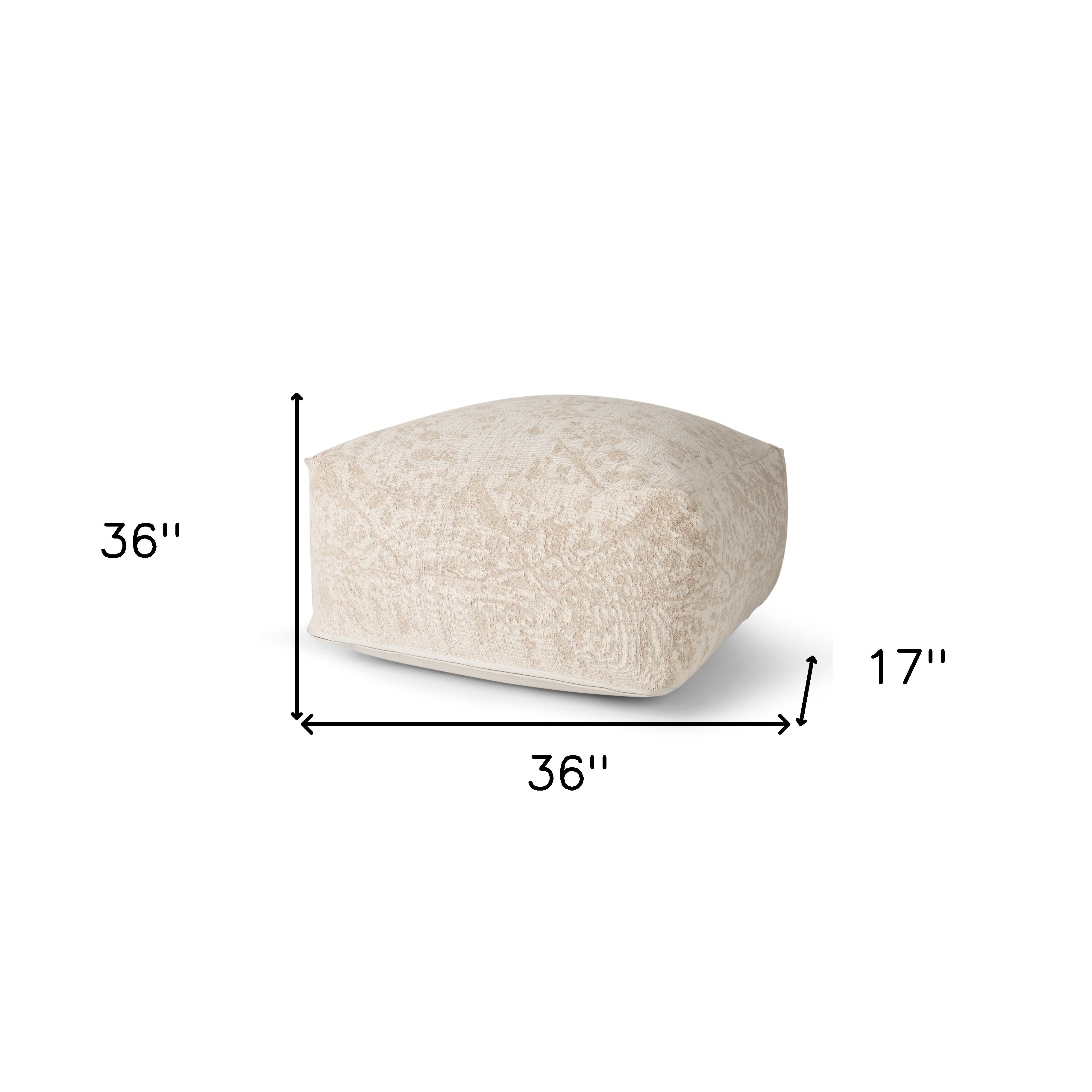 36" Beige and Cream Chenille Damask Pouf Ottoman