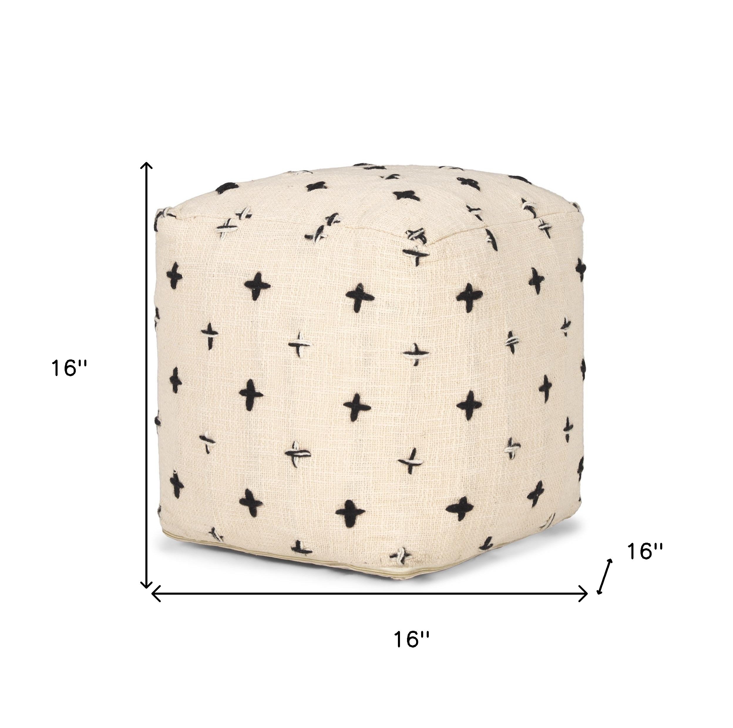 16" Cream And Black Wool Polka Dots Cube Pouf Ottoman