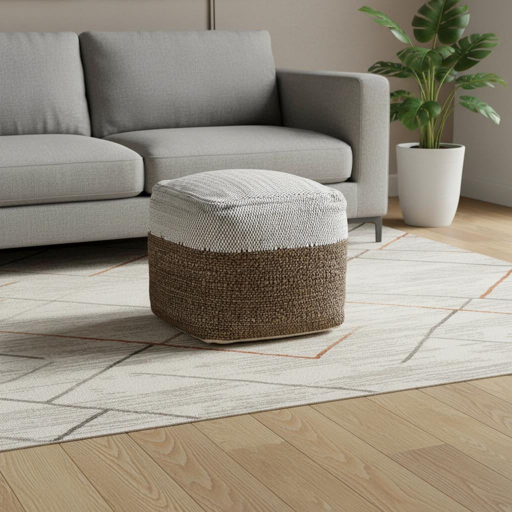 16" White Black And Natural Cotton And Jute Color Block Cube Pouf Ottoman