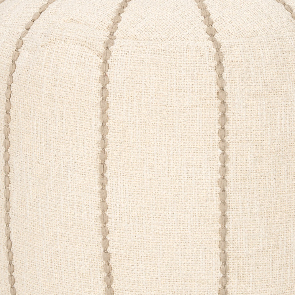 18" Beige and Taupe Fabric Striped Round Pouf Ottoman