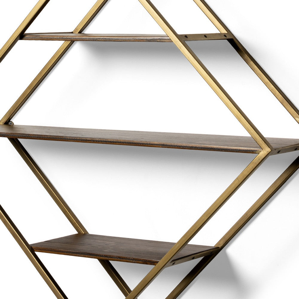 30" Antiqued Brass And Brown Metal And Solid Wood Diamond Shaped Accent Shelf
