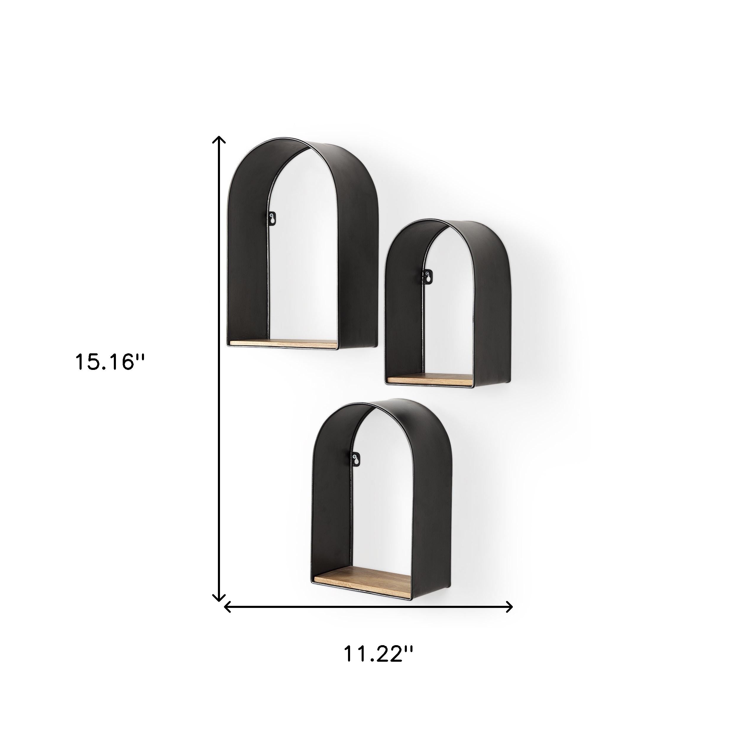 Set Of Three Black And Brown Metal And Solid Wood Arched Wall Mounted Accent Shelf