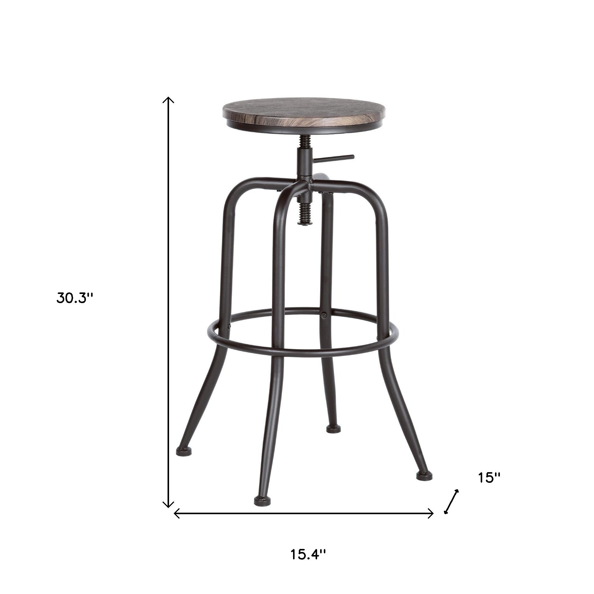 Set of Two Walnut and Black Wood and Iron Backless Adjustable Height Swivel Bar Chairs