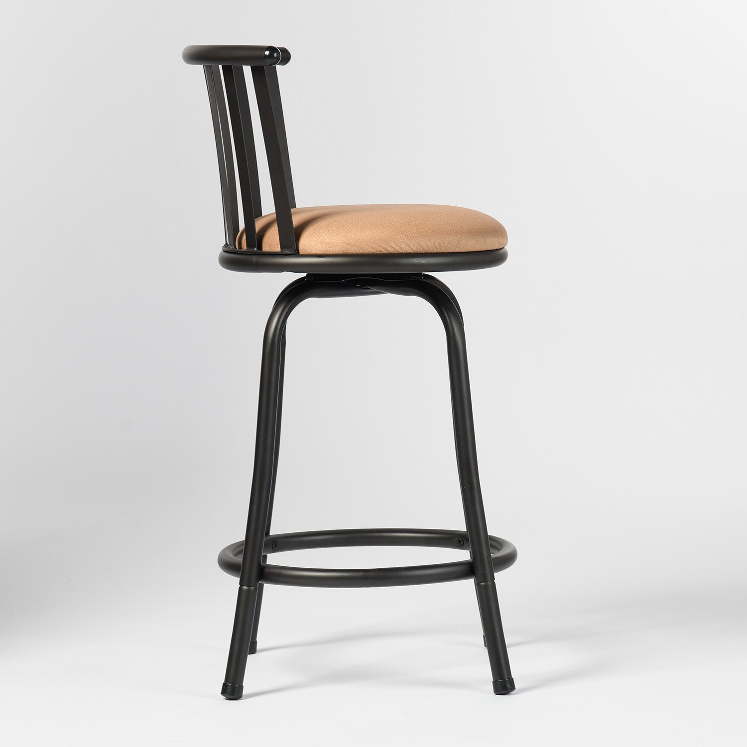 Khaki and Black Suede Faux Leather and Metal Low Back Adjustable Height Swivel Bar Chair