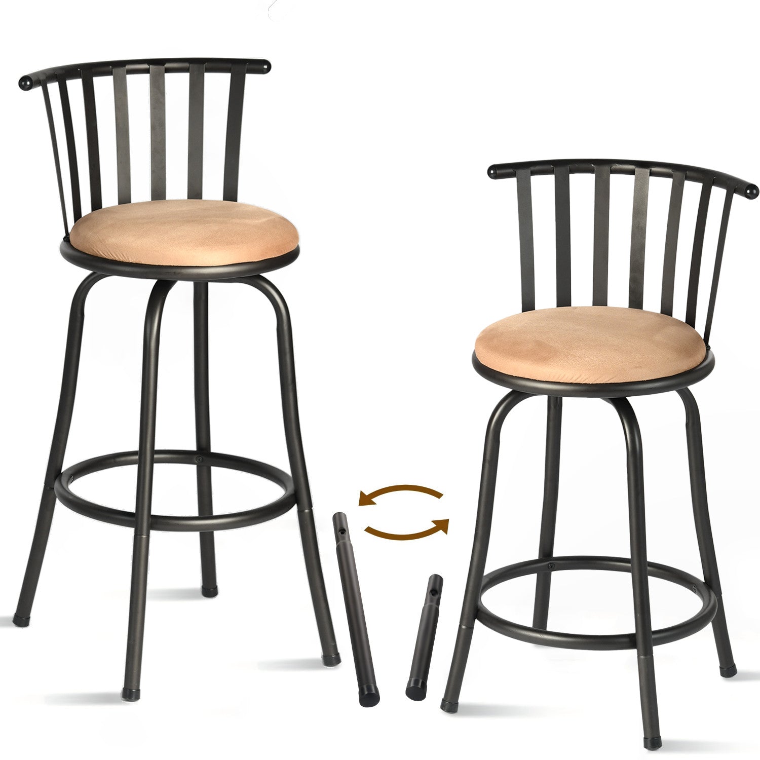 Set of Two Khaki and Black Suede Faux Leather and Iron Low Back Adjustable Height Swivel Bar Chairs