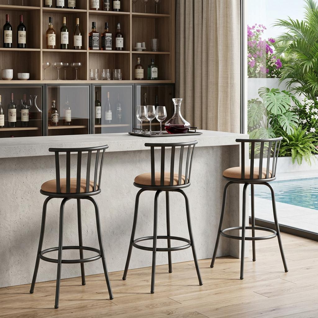 Set of Three Khaki and Black Suede Faux Leather and Iron Low Back Adjustable Height Swivel Bar Chairs