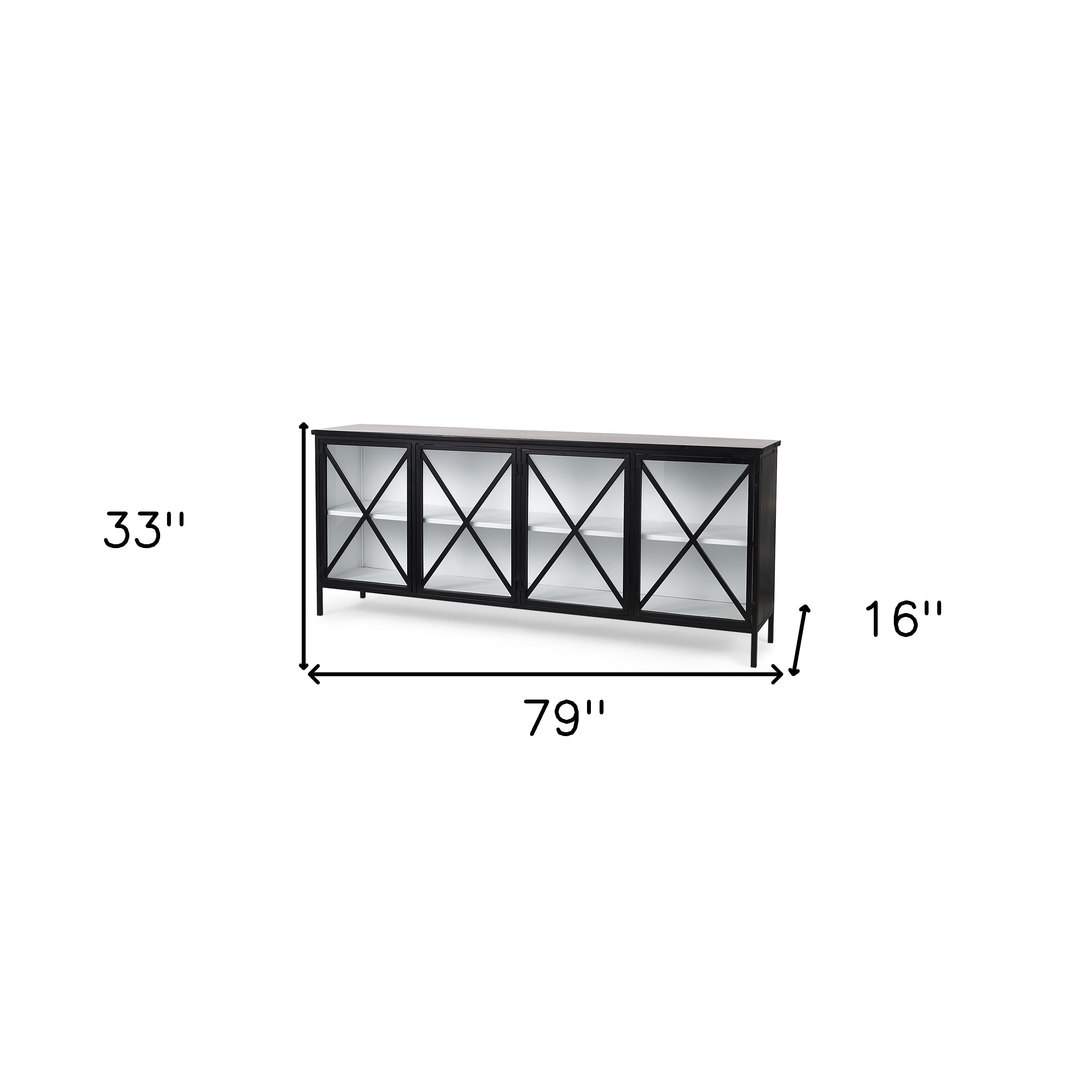 79" Black And White Iron Sideboard Soft Close with Four Glass Doors