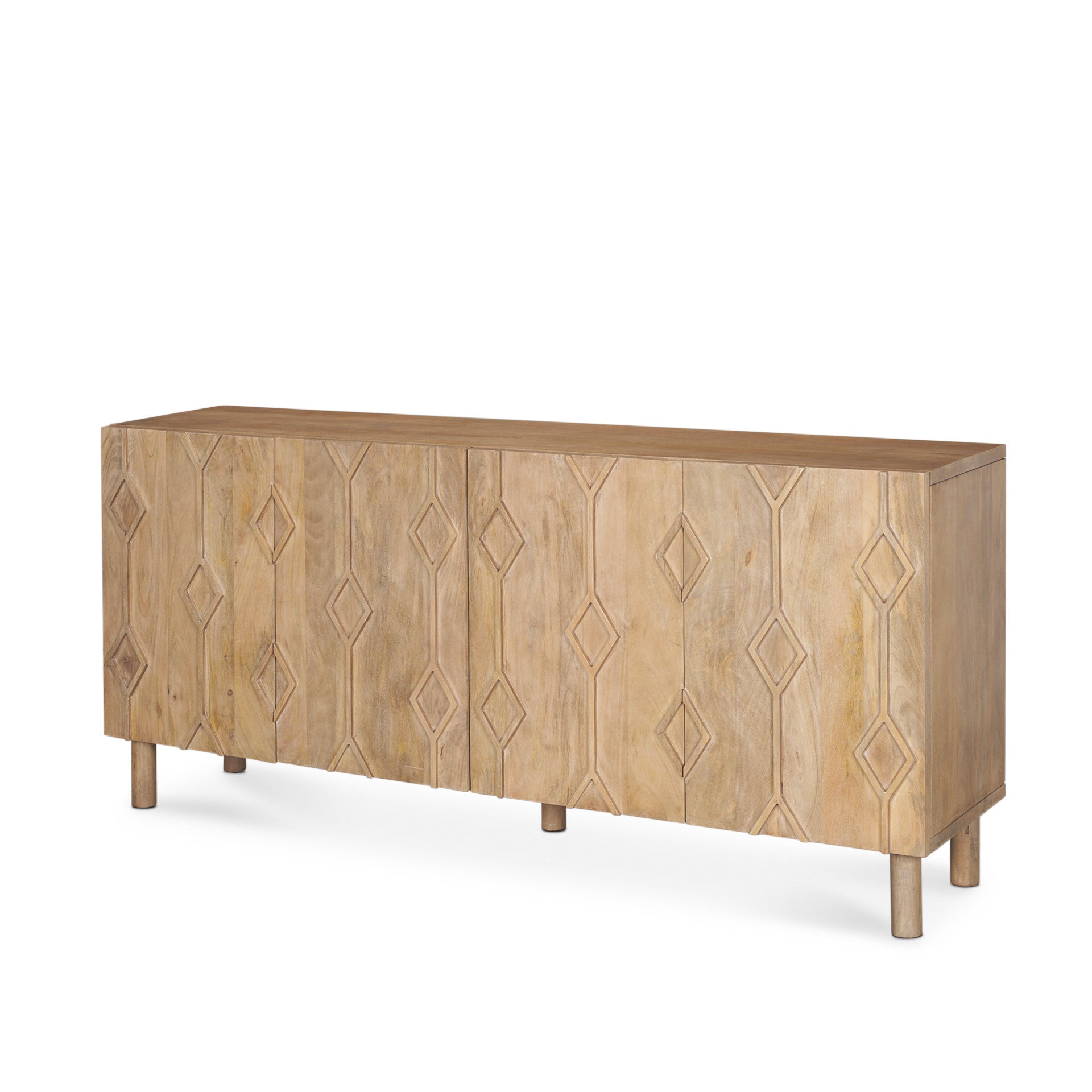 71" Light Brown Solid Wood Carved Geometric Sideboard Soft Close with Four Doors