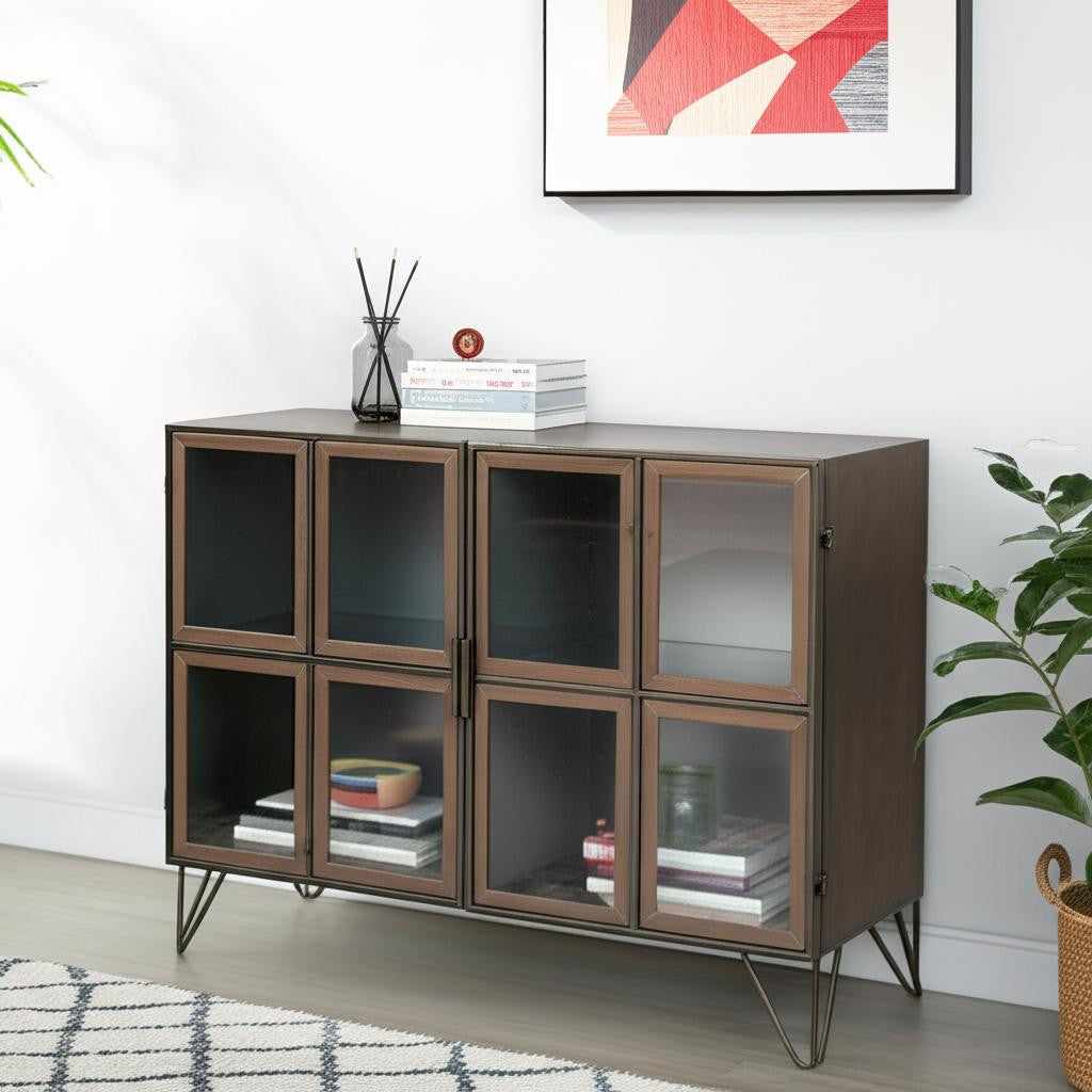 37" Antiqued Brass and Brown Metal and Solid Wood Accent Cabinet With Two Doors