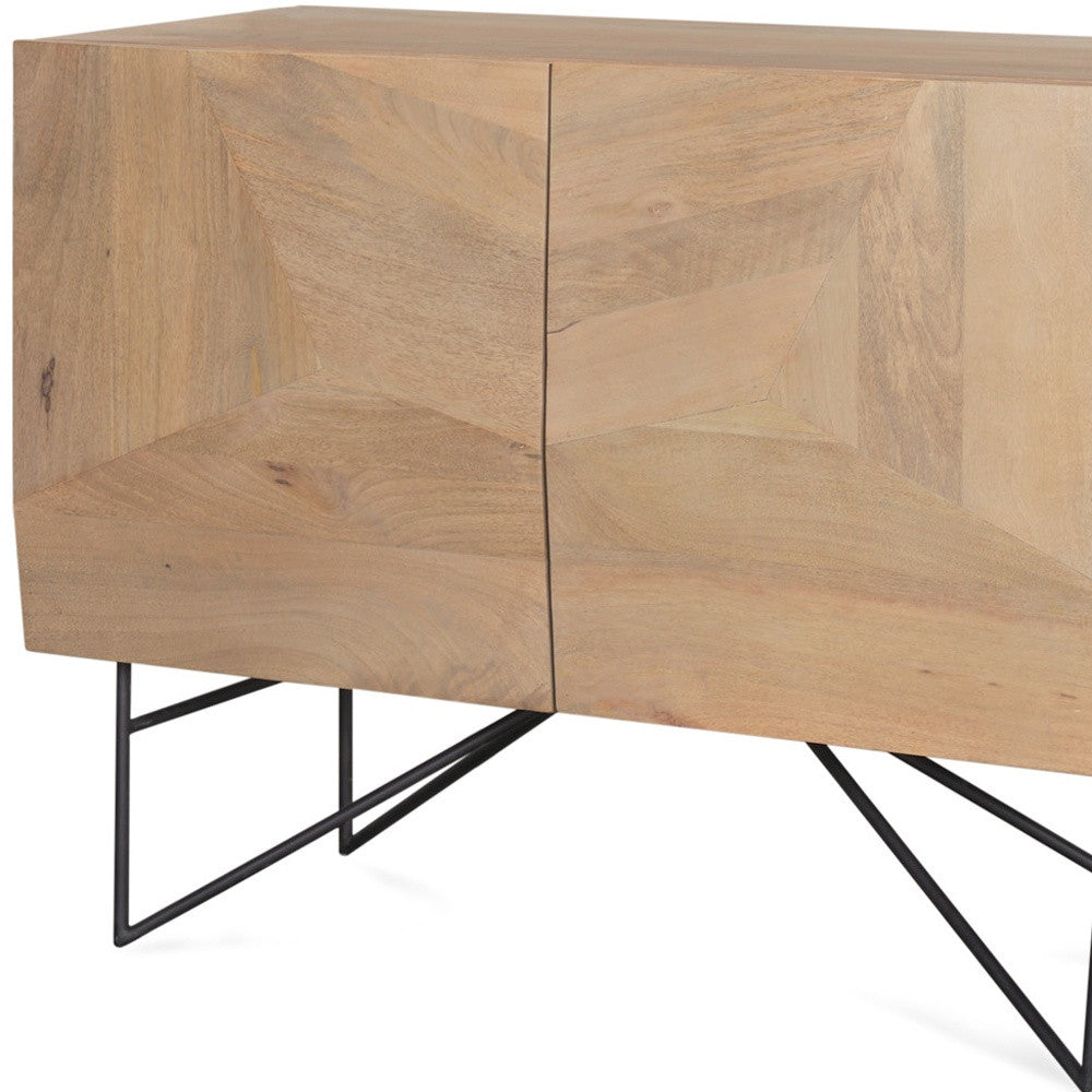 44" Natural and Black Solid Wood and Metal Carved Geometric Accent Cabinet With Two Doors