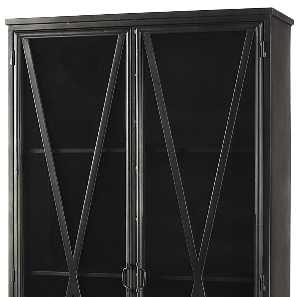 38" Black Glass and Metal Display Cabinet With Two Doors