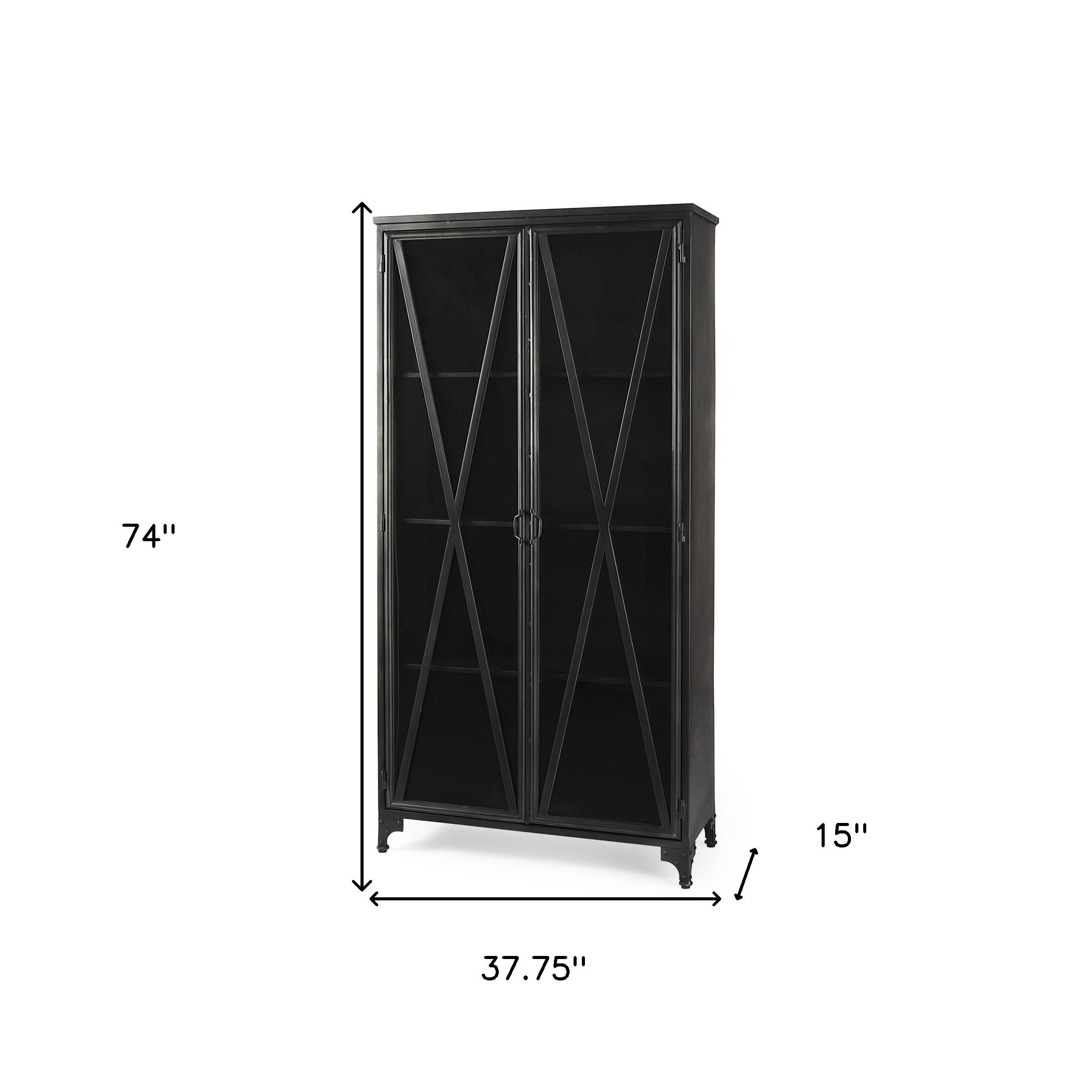 38" Black Glass and Metal Display Cabinet With Two Doors