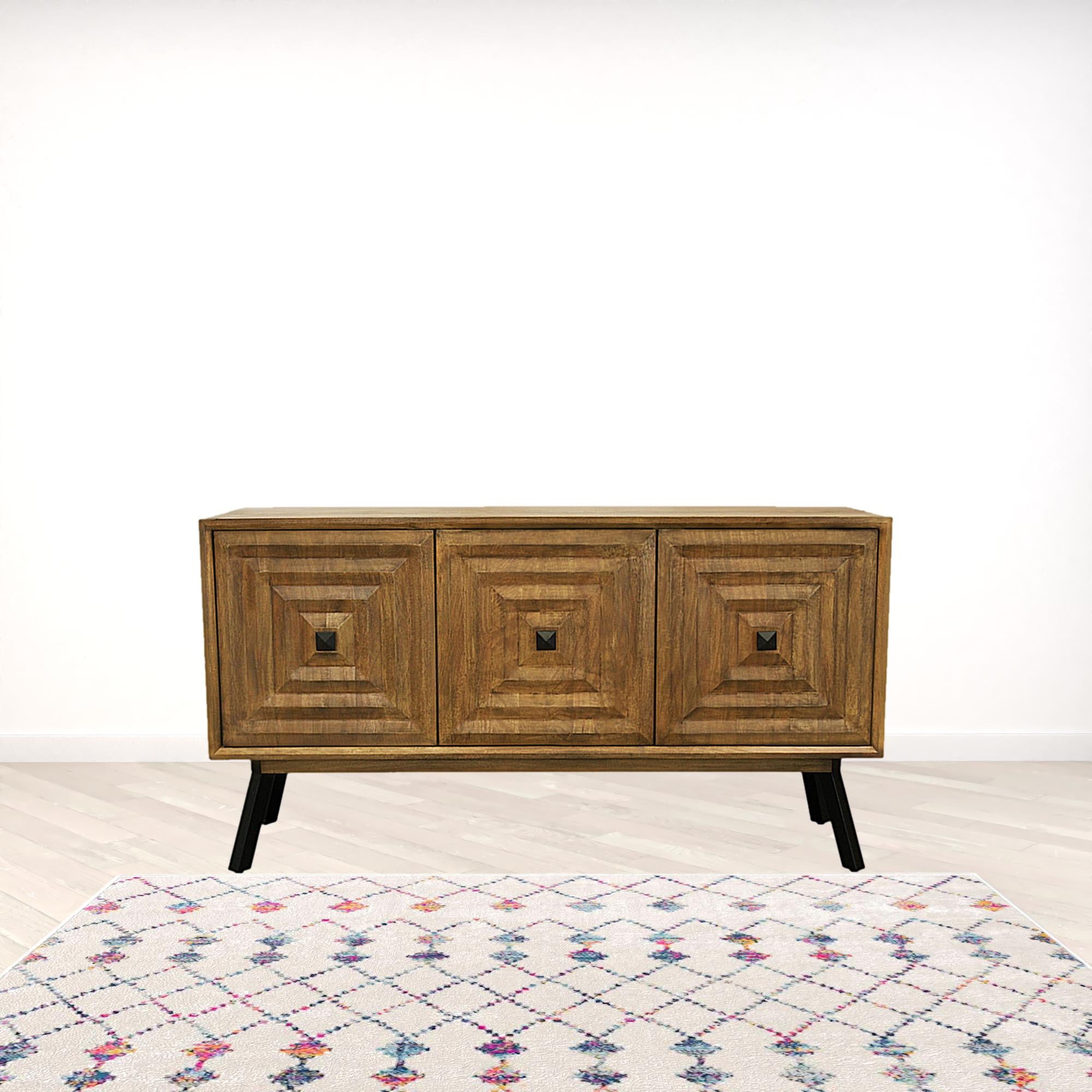 59" Chestnut Distressed Solid Wood Carved Geometric Sideboard with Three Doors